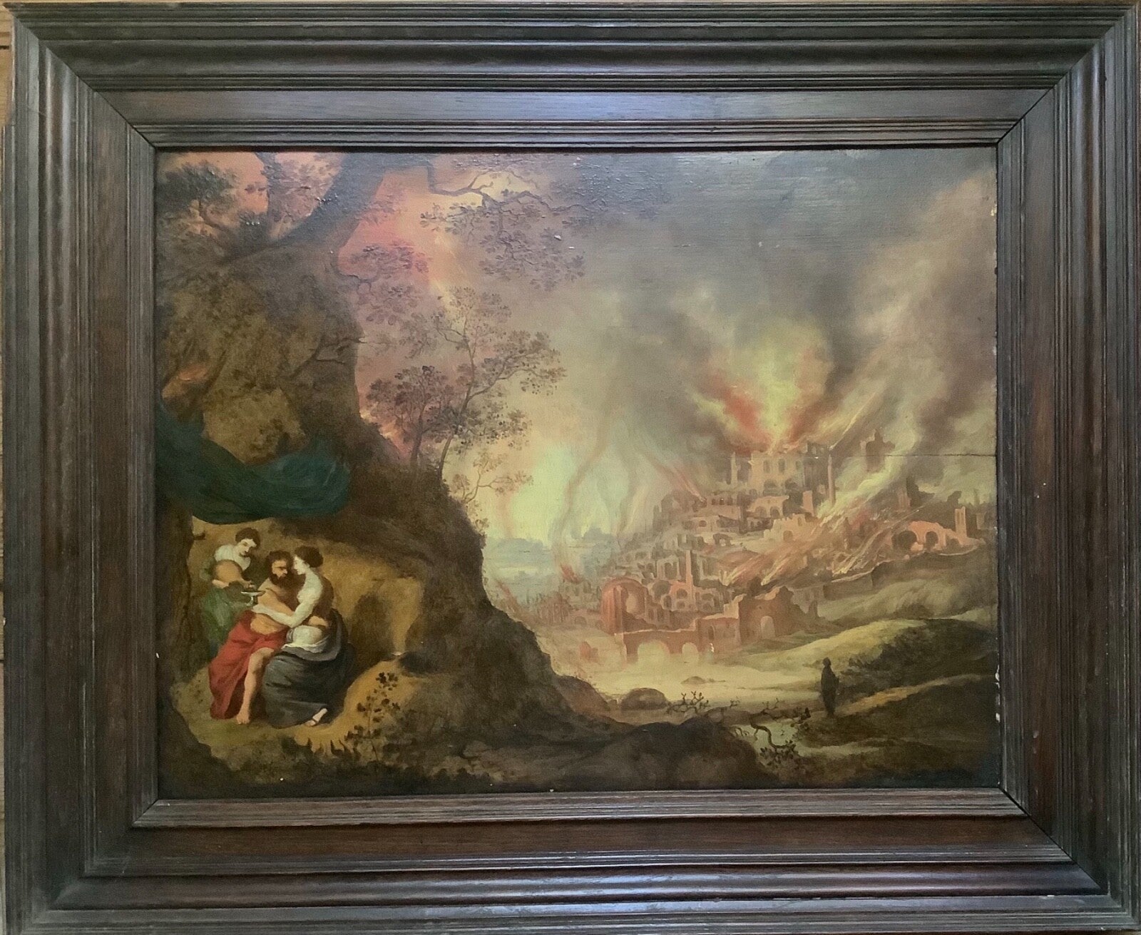 The Fire of Sodom, Lot and His Daughters, Flemish Old Master Oil on Panel, Close to Gillis Mostaert, Framed