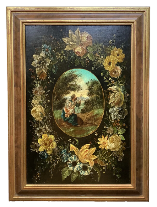 Antique 17th century Flemish oil on panel, the Holy Family in a floral garland, in antique wood frame