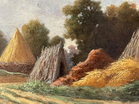 Eugene Forest (1808-1891) Signed Oil Painting, Haystacks Landscape 1882, French Barbizon School on Wood Panel, Gilded Frame