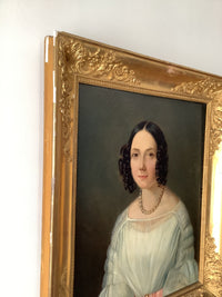 19th Century French Realist Oil Portrait of a Woman with a Pearl Necklace, Framed, Oil on Canvas