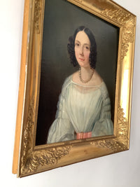 19th Century French Realist Oil Portrait of a Woman with a Pearl Necklace, Framed, Oil on Canvas