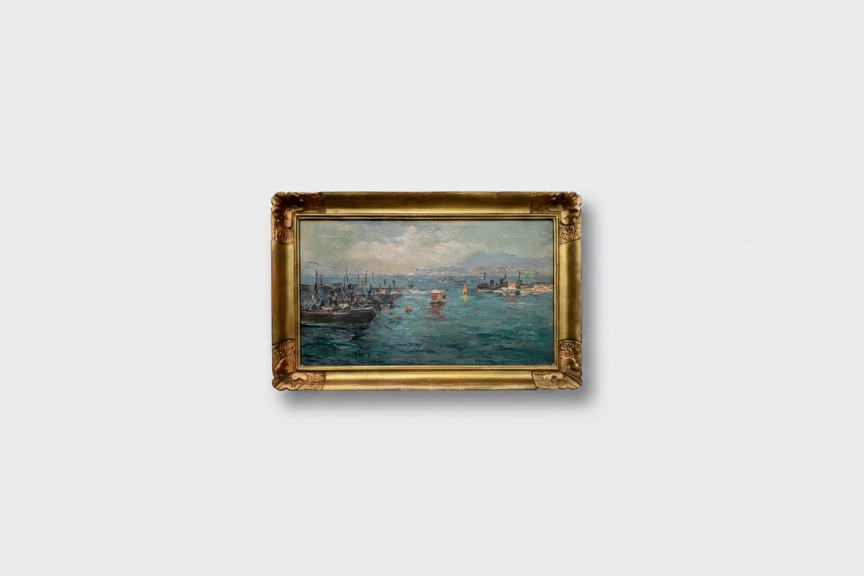 French School, Seascape with Harbor and Ships, Oil on Canvas, Early 20th Century, Framed