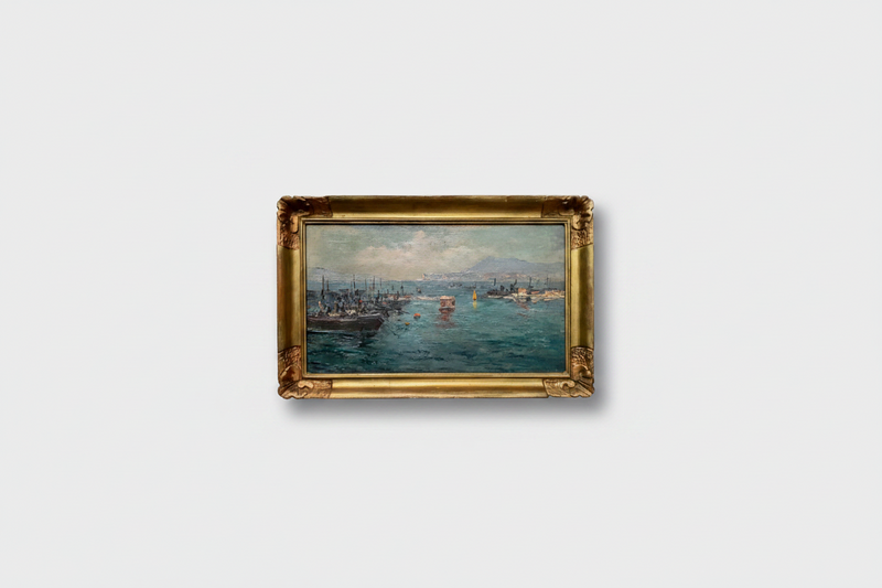 French School, Seascape with Harbor and Ships, Oil on Canvas, Early 20th Century, Framed