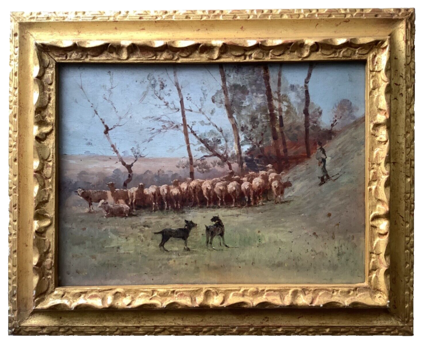 French Impressionist Shepherd with Sheep in a Winter Landscape, early 20th century oil on panel, available at GalerieClub Fine Art