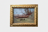 French Impressionist Oil Painting, Shepherd with Sheep in a Winter Landscape, Early 20th Century on Wood Panel, Gilded Frame