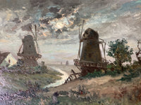 Antique Oil Painting, Moonlight Mill Landscape, Late 19th Century French Impressionist Scene on Canvas, Framed
