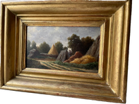 Eugene Forest (1808-1891) Signed Oil Painting, Haystacks Landscape 1882, French Barbizon School on Wood Panel, Gilded Frame