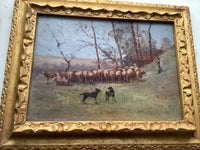 French Impressionist Oil Painting, Shepherd with Sheep in a Winter Landscape, Early 20th Century on Wood Panel, Gilded Frame