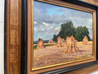 Gaston Bonfils Signed Oil Painting, Haystacks in a French Harvest Landscape, 19th Century on Wood Panel, Carved Frame