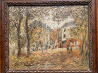 Paul Flaubert (1898-1980) Signed Oil Painting, Town Square with Autumn Trees, French Post-War Impressionist on Wood Panel, Framed