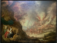 The Fire of Sodom, Lot and His Daughters, Flemish Old Master Oil on Panel, Close to Gillis Mostaert, Framed