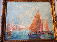 Pierre Forest (1881-1971), Sailing Ships in Venice, Signed Oil on Cardboard, Framed