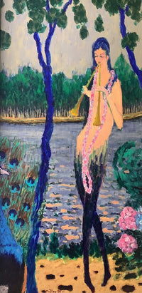 Ramon Dilley (b. 1932), Woman Playing Music with Peacock, Signed Oil on Canvas, 1996, Framed