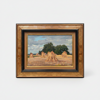 Gaston Bonfils Signed Oil Painting, Haystacks in a French Harvest Landscape, 19th Century on Wood Panel, Carved Frame