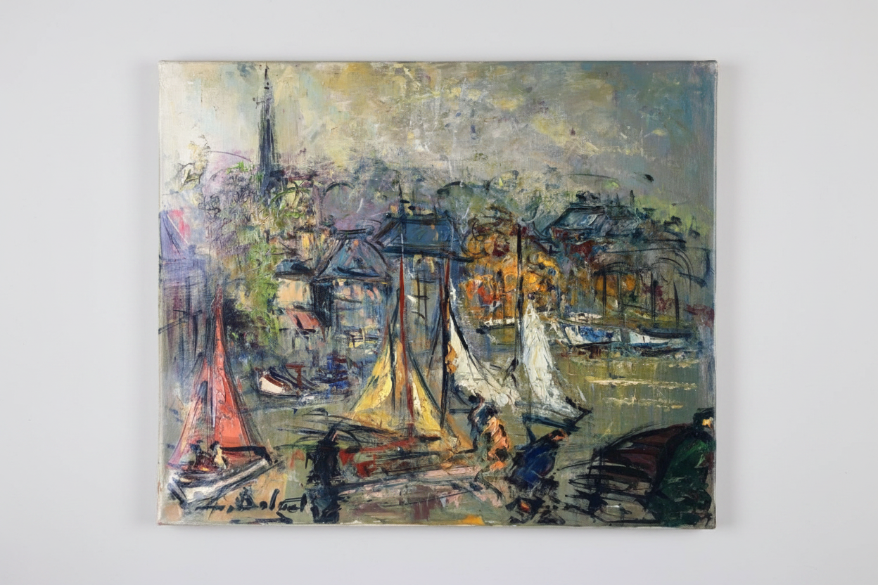 Georges Berger (1908-1976), Port of Honfleur with Boats, Signed Oil on Canvas, Unframed