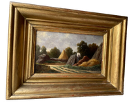 Eugene Forest (1808-1891) Signed Oil Painting, Haystacks Landscape 1882, French Barbizon School on Wood Panel, Gilded Frame
