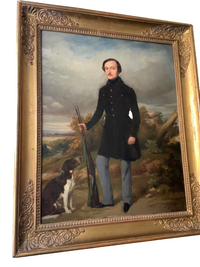 Charles Suan, The Hunter and His Dog, 1839, Signed French Romantic Oil on Canvas, Framed