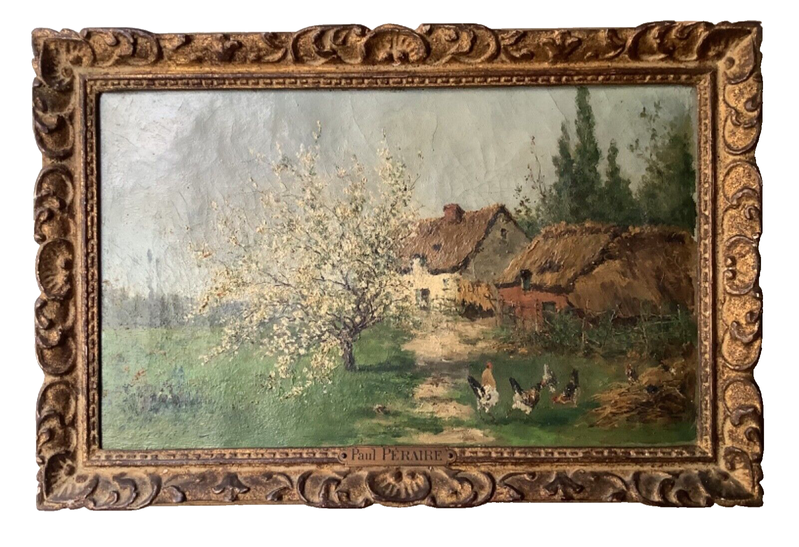 Paul Emmanuel Peraire (1829-1893), Farm Landscape in Spring, Signed Oil on Canvas, 19th Century, Framed