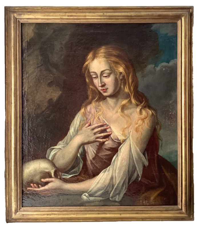 Large antique 17th century Italian penitent Magdalene with a skull, oil on canvas in gilded frame