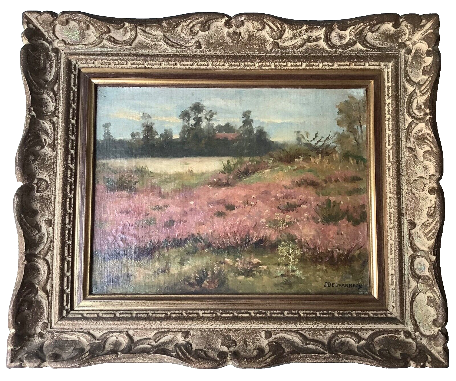 James Desvarreux-Larpenteur (1847-1937), Heather Landscape, Signed Oil on Canvas, Late 19th Century, Framed