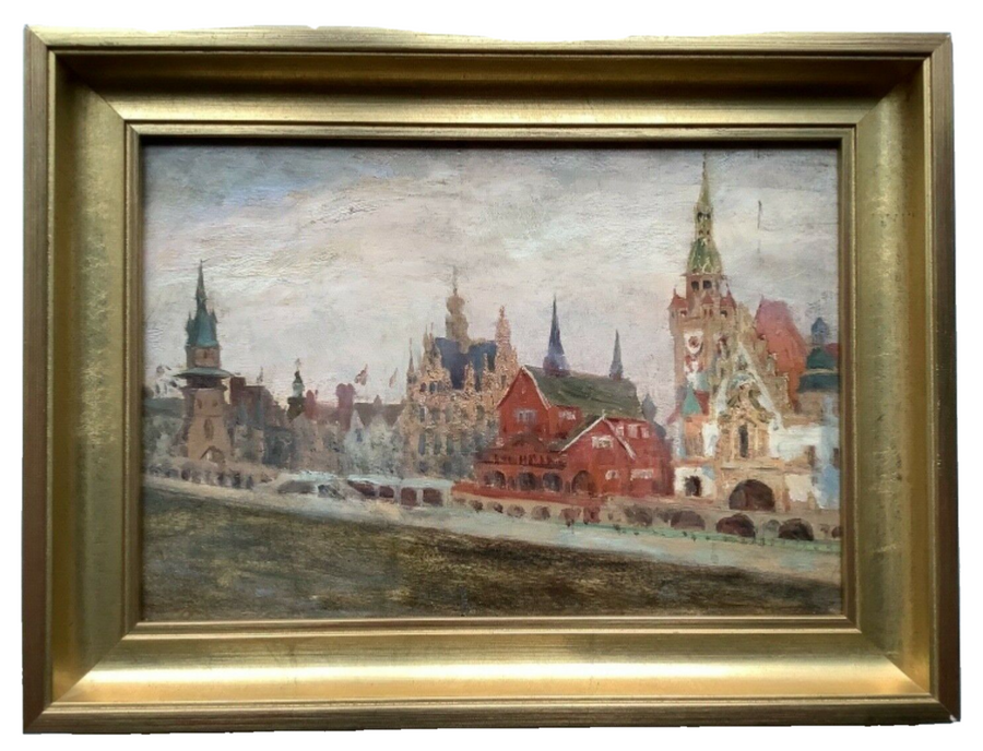 Signed oil by Léon Printemps of the 1900 Paris Exposition Universelle pavilions, gilt frame