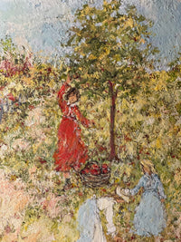 Signed Impressionist Oil Painting, Fruit Picking Scene by René Sinicki (b. 1910), 1970s French Figurative Landscape on Canvas