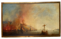 Attributed to Theodore Gudin (1802-1880), Fire by the Coast, Oil on Canvas Study, 19th Century, Framed