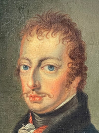 Close macro of the face showing each curl of the red hair drawn separately and the fine even craquelure across the forehead