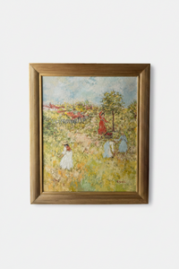 Signed Impressionist Oil Painting, Fruit Picking Scene by René Sinicki (b. 1910), 1970s French Figurative Landscape on Canvas