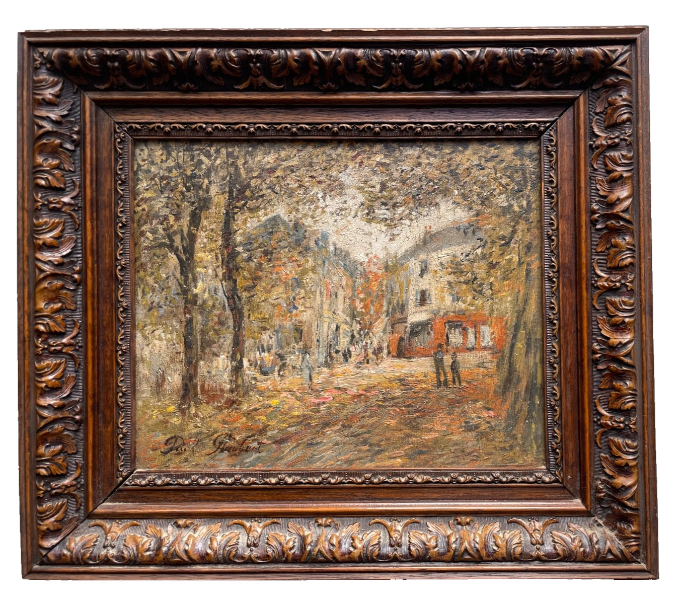 Paul Flaubert (1898-1980) Signed Oil Painting, Town Square with Autumn Trees, French Post-War Impressionist on Wood Panel, Framed