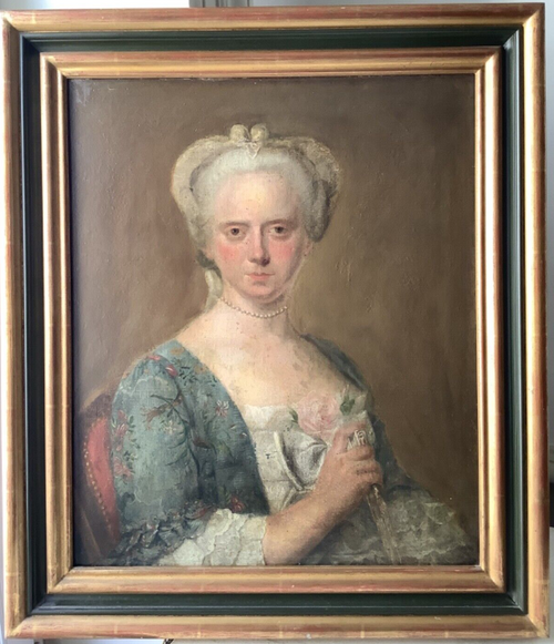 18th century Rococo portrait of a lady in a floral dress with pearl necklace, follower of Louis Tocqué