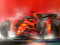 Victor Spahn Signed Oil on Canvas, Formula 1 Ferrari Rain Race, French Contemporary Original