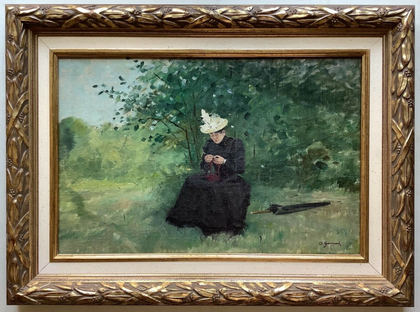 Octave Guenard (1845-1934), Woman in a Park, Signed Oil on Canvas, 19th Century, Framed