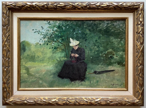 Signed 19th century French Impressionist painting of a woman knitting in a park, oil on canvas