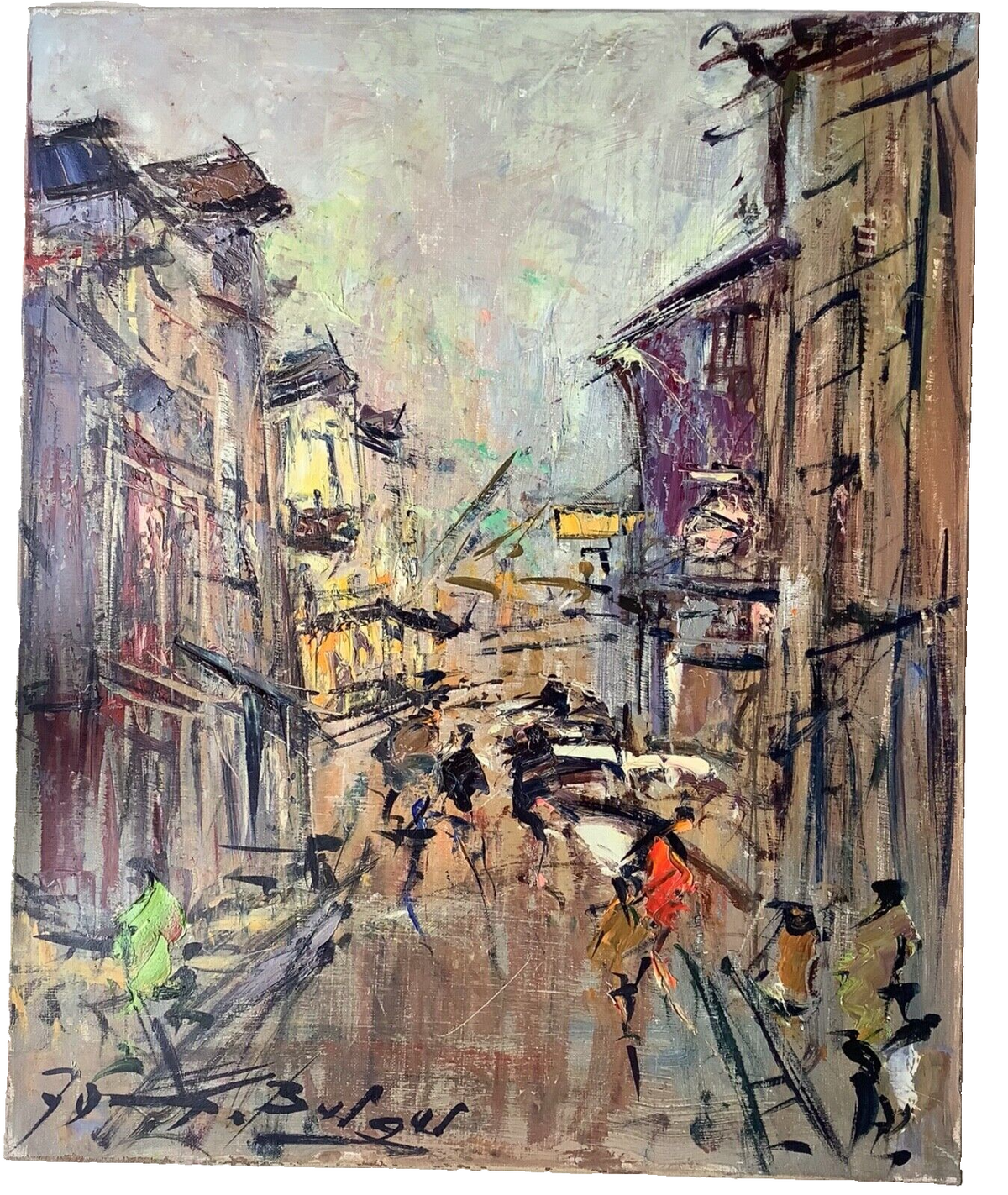 Original Street Scene with Figures, Oil on Canvas, Signed and Dated 1975