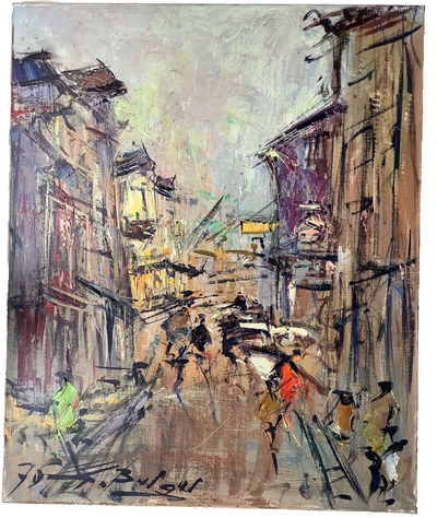 Paris street scene between tall buildings, signed oil on canvas by Georges Berger dated 1975
