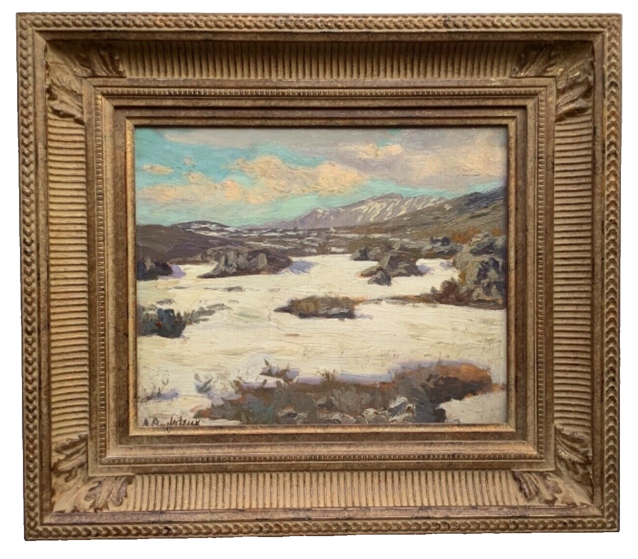 Alfred Louis Andrieux, Snowy Mountain Landscape, signed French Impressionist oil on panel, available at GalerieClub Fine Art