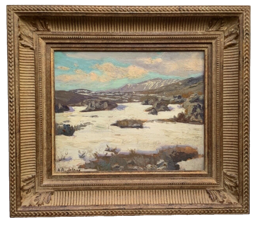 Signed winter snow landscape by Alfred Andrieux with mountains, French oil on panel, carved gilt frame