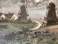 Antique Oil Painting, Moonlight Mill Landscape, Late 19th Century French Impressionist Scene on Canvas, Framed