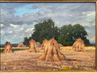 Gaston Bonfils Signed Oil Painting, Haystacks in a French Harvest Landscape, 19th Century on Wood Panel, Carved Frame