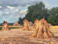 Gaston Bonfils Signed Oil Painting, Haystacks in a French Harvest Landscape, 19th Century on Wood Panel, Carved Frame