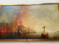 Attributed to Theodore Gudin (1802-1880), Fire by the Coast, Oil on Canvas Study, 19th Century, Framed
