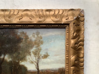 Antique Barbizon School Oil Painting, Lively Landscape With Figures by a River, 19th Century French Art on Wood Panel, Gilded Frame