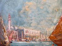 Signed Venice scene by Pierre Forest, sailing boats before the Doge's Palace and campanile, 18 x 21 inches framed. Shipped free to the USA and Canada.