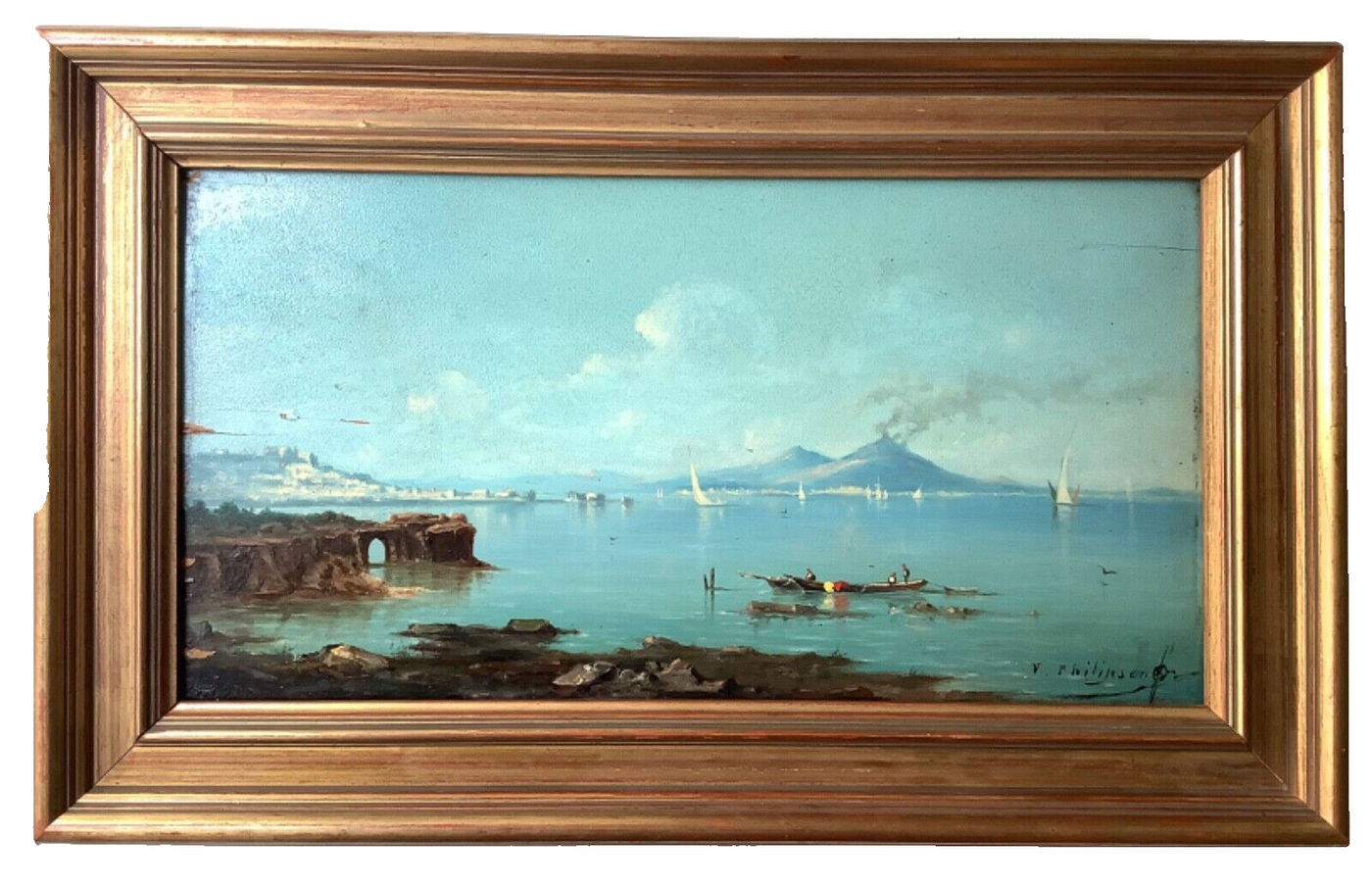 Victor Philipsen (1841-1907), View of Vesuvius from the Bay of Naples, Signed Oil on Wood Panel, Framed