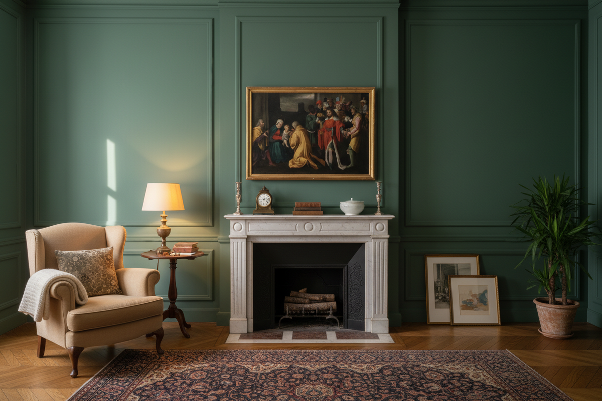 Shown at scale above a marble fireplace in a green panelled room, in its gilt frame