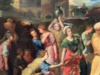 Detail of Eliezer with both hands open toward Rebecca, who holds the jewel against her breast
