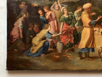 Lower left of the canvas, a woman kneeling in yellow and blue filling a jar, with wear along the lower edge and an inscription at the corner