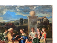 Upper right of the canvas showing the stone pillar with its sphere against the sky, with losses and abrasion across the clouds and the pillar shaft