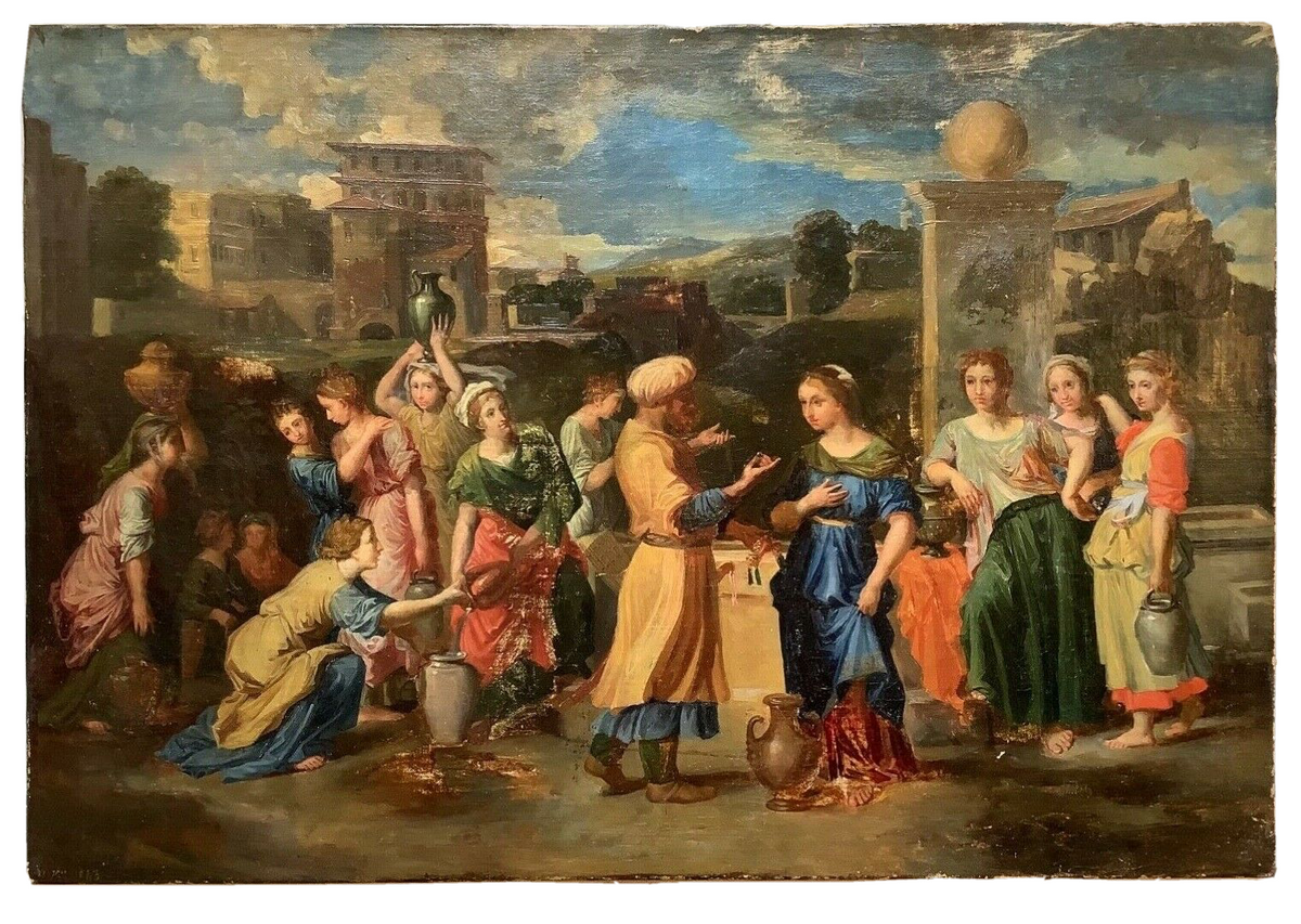 Eliezer offering the gold bracelet to Rebecca at the well, a dozen women with water jars before Roman architecture, oil on canvas after Nicolas Poussin